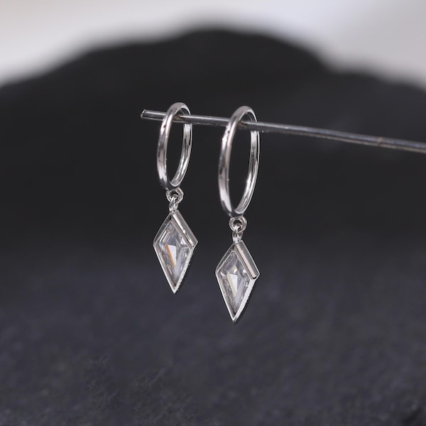 14K Solid White Gold Diamond Shape Dangle Earring, Geometric Kite Drop Hoop, Minimalist Charm Earring, Gold Piercing Jewelry Gift 20g