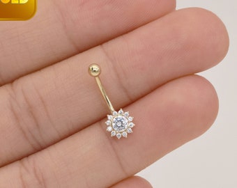 14k Solid Gold Flower Rook Piercing Curved Barbell Sunflower Navel Ring Cluster Belly Button Ring Dainty Rook Earring Gift For Her 16g