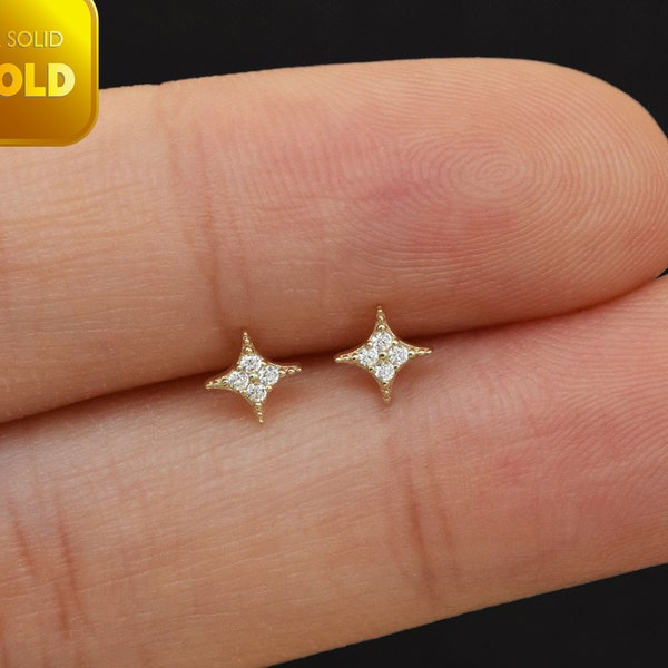 14k Solid Gold North Star Stud Earring Star Helix Stud Conch Stud Tragus Earring Starburst Cartilage Earring Flat Back Earring 20g