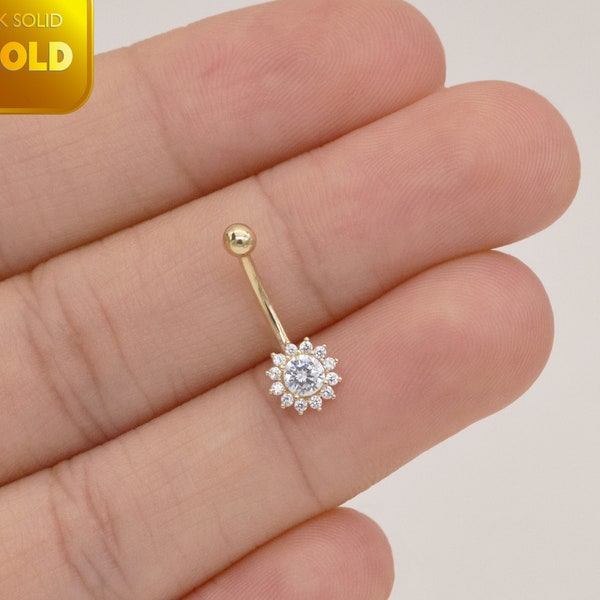 14k Solid Gold Flower Rook Piercing Curved Barbell Sunflower Navel Ring Cluster Belly Button Ring Dainty Rook Earring Gift For Her 16g