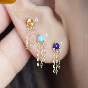 14K massief gouden echte edelsteen Dangle Stud Earring Turquoise Lapis Lazuli Citrien Tragus Earring Conch Helix Stud Flat Push Back Earring