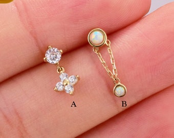14K Solid Gold Opal Drop Dangle Stud Flower Dangle Cartilage Earring Push Pin Labret Stud Helix Conch Tragus Piercing Flat Back Earring 20g