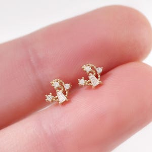 14K Solid Gold Crescent Moon Stud Celestial Threadless Flat Back Earring Dainty Helix Tragus Conch Cartilage Piercing Jewelry Gift For Her