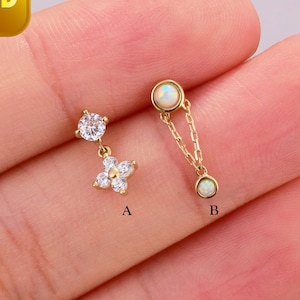 14K Solid Gold Opal Drop Dangle Stud Flower Dangle Cartilage Earring Push Pin Labret Stud Helix Conch Tragus Piercing Flat Back Earring 20g