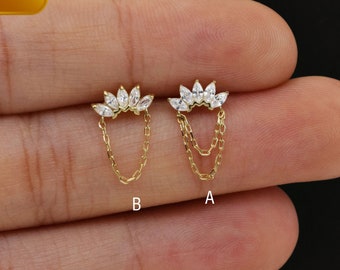 14k Solid Gold Cartilage Chain Stud Earring Marquise Crown Earring Helix Chain Stud Conch Tragus Earring Climber Stud Flat Back Earring 20g