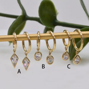 14K Solid Gold Dangle Charm Hoop Earring Dainty Drop Earring Dangle Rhombus Oval Dangling Charm Clicker Dangle Earring Cartilage Hoop 16g