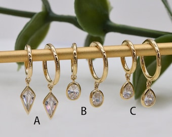 14K Solid Gold Dangle Charm Hoop Earring Dainty Drop Earring Dangle Rhombus Oval Dangling Charm Clicker Dangle Earring Cartilage Hoop 16g