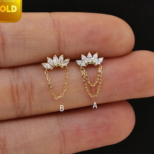 14k Solid Gold Cartilage Chain Stud Earring Marquise Crown Earring Helix Chain Stud Conch Tragus Earring Climber Stud Flat Back Earring 20g
