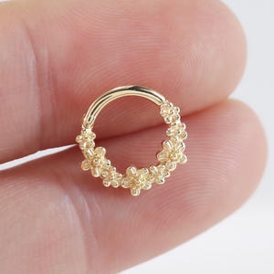 14k Solid Gold Floral Septum Ring Petal Pattern Daith Hoop Gold Nose Ring Gold Hinged Earring Clicker Engraving Helix Cartilage Hoop 16g