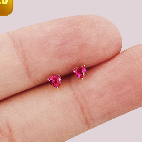 14k Solid Gold Ruby Heart Cartilage Piercing Pink Heart Helix Stud Conch Tragus Earring Threadless Push In Labret Flat Back Earring 20g