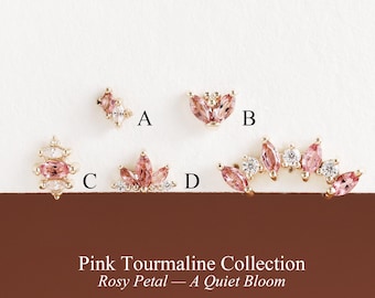 Pink Tourmaline Collection: 14K Solid Gold Rosy Petal Cartilage Tragus Stud Helix Conch Piercing Stud Handmade Earrings Flat Back Jewelry