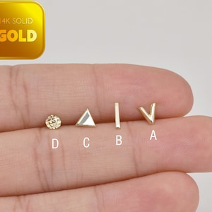 14k Solid Gold Geometric Stud Earrings Dainty V Shape Tragus Conch Gold Earring Triangle Circle Dot Gold Piercing Jewelry Screw Back 18g