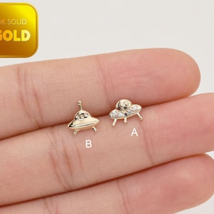 14k Solid Gold Ufo Knorpel Ohrstecker Sternenschiff Knorpel Ohrringe Helix Conch Piercing Tragus Bolzen Flache Rückseite Ohrring Geschenk für sie 20g