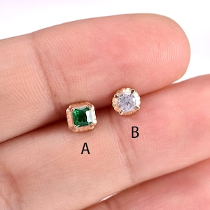 Brinco quadrado de esmeralda em ouro maciço 14k, piercing de cartilagem esculpido, brinco de hélice tragus, brinco de encaixe labret sem rosca