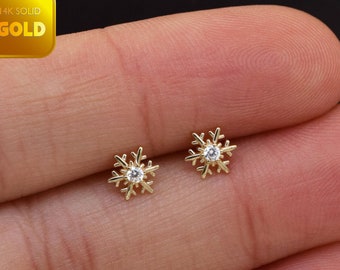 14k Solid Gold Snowflake Stud Earring Helix Stud Snow Cartilage Earring Daith Conch Stud Tragus Earring Flat Back Earring 20g