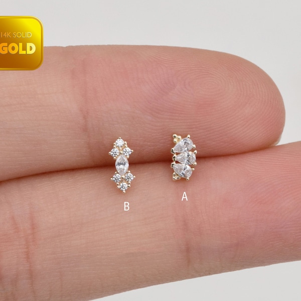 14K Solid Gold Tiny Climber Stud Earring Dainty Cartilage Piercing Conch Helix Tragus Earring Gold Minimalist Earrings Flat Back Earring 20g