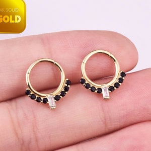 14k Solid Gold Baguette Black Stone Clikcer Daith Septum Nose Ring Helix Earring Hoop Cartilage Piercing Gold Septum Ring Nose Piercing 16g