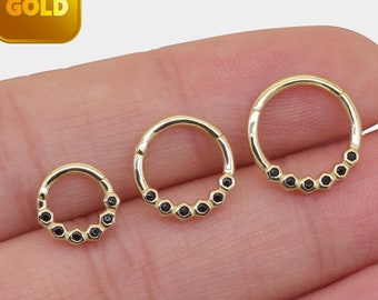 14k Solid Gold Bezel Set Black Stone Septum Hoop Good Lobe Clicker Helix Conch Septum Nose Ring Dainty Daith Piercing Gold Body Jewelry 16g