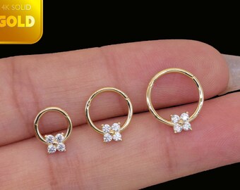 14k Solid Gold Cartilage Flower Hoop Clicker Four Diamond Clicker Diamond Flower Nose Ring CZ Diamond Gold Spetum Hoop Clicker 18g