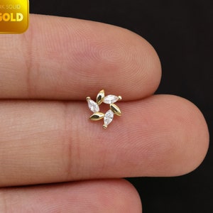 14k Solid Gold Flower Stud Earring Dainty Wreath Marquise Earrings Helix Tragus Stud Flat Back Earring Cartilage Conch Flower Piercing 20g