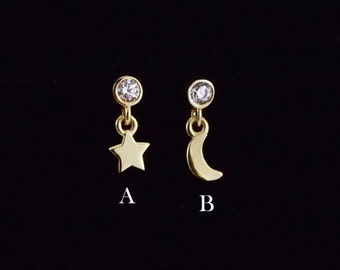 14k Solid Gold Dangle Star& Moon Stud Earring Gold Dangle Earrings Star Helix Chain Stud Conch Earring Traugs Piercing Flat Back Earring 20g