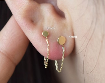14k Solid Gold Chain Stud Earring Tiny Dot Earring Tiny Circle Chain Stud Bar Dangle Chain Studs Kraakbeen Tragus Earring Flat Back Earring