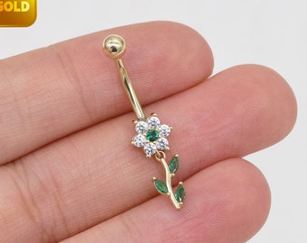 14k Solid Gold Flower Belly Ring Gold Navel Ring Dangly Flower Ring Sparkly Body Jewelry Flower Belly Piercing Dangly Navel Piercing 14g