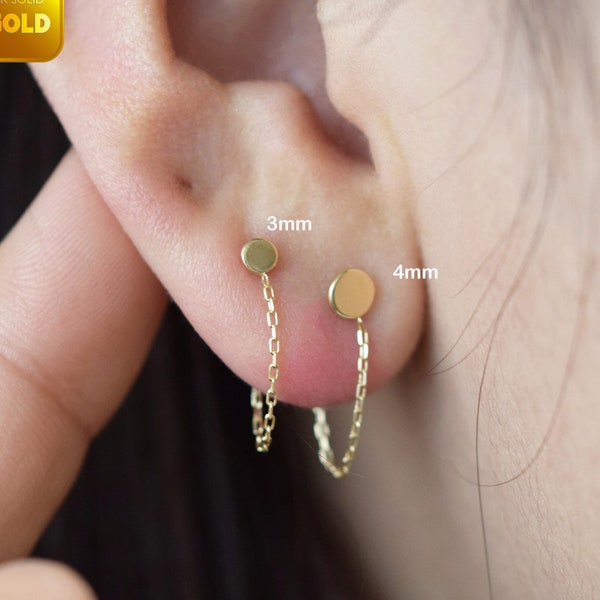 14k Solid Gold Chain Stud Earring Tiny Dot Earring Tiny Circle Chain Stud Bar Dangle Chain Studs Cartilage Tragus Earring Flat Back Earring
