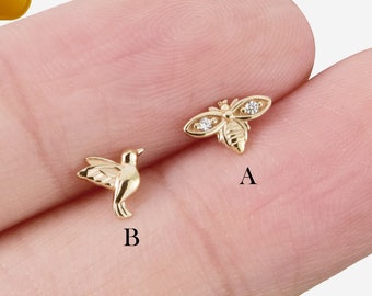 14k Solid Gold Honey Bee Stud Earring Hummingbird Cute Animal Cartilage Earring Helix Stud Conch Earring Tragus Jewelry Flat Back Earring