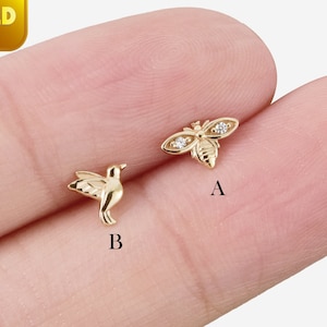 14k Solid Gold Honey Bee Stud Earring Hummingbird Cute Animal Cartilage Earring Helix Stud Conch Earring Tragus Jewelry Flat Back Earring