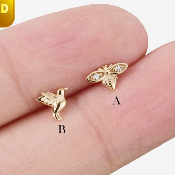 14k massief gouden Honey Bee Stud Earring Kolibrie schattig dierlijk kraakbeen oorbel Helix Stud Conch Earring Tragus sieraden platte achterkant oorbel