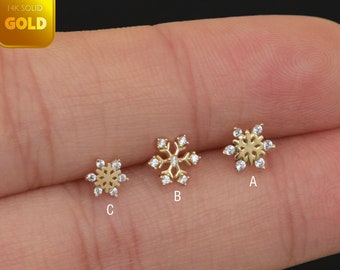 14k Solid Gold Snowflake Gold Flat Back Stud Earring Dainty Tragus Helix Earring Cartilage Conch Earring Lobe Gold Piercing Jewelry 20g