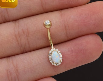 14k Solid Gold Oval Opal Belly Button Ring Opal Navel Piercing Classic Oval Opal Threaded Belly Ring Diamond Barbell Piercing Jewelry 14g