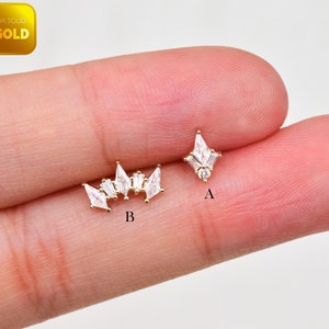 14k Solid Gold Rhombus Climber Cartilage Earring Dainty Baguette Stud Conch Piercing Tragus Earring Helix Climer Earring Flat Back Earring