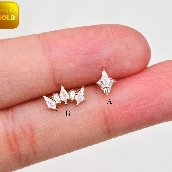 14k Solid Gold Rhombus Climber Cartilage Earring Dainty Baguette Stud Conch Piercing Tragus Earring Helix Climer Earring Flat Back Earring