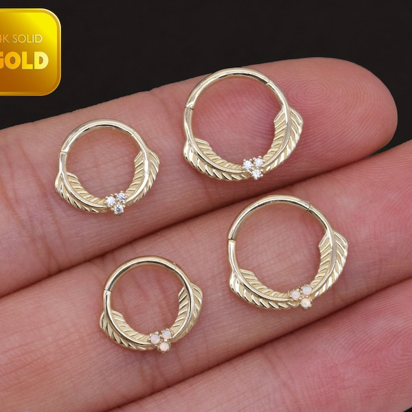 14k Or Massif Cartilage Cerceau Feuille Conception Opale Clicker Piercing Diamant Spetum Hoop Clicker Tragus Daith Helix Piercing Opale Nez Anneau 16g