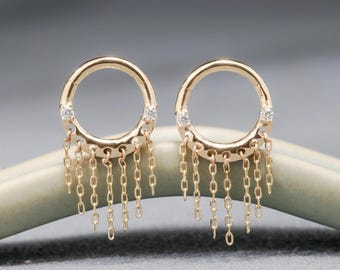 14k Solid Gold Chain Fringe Cartilage Hoop Clicker Dangle Chain Helix Hinged Clicker Dainty Boho Dangle Septum Piercing 16G 8mm
