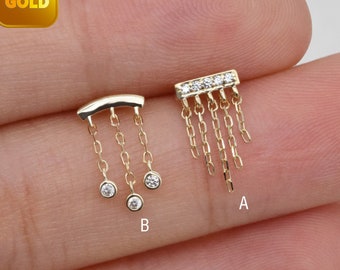 14k Solid Gold Bar Drape Chain Earring Cartilage Chain Piercing Helix Chain Stud Minimalist Conch Dangle Chain Earring Flat Back Earring 20g