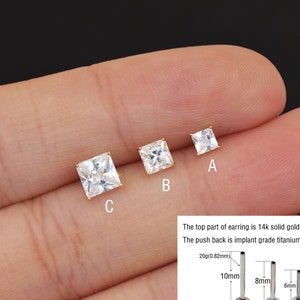 14k Solid Gold Solitaire Stud Earring Cartilage Square Stone Helix Piercing Conch Stud Tragus Earring Flat Push Back Earring Gift For Her