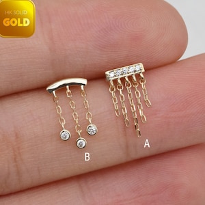 14k Solid Gold Bar Drape Chain Earring Cartilage Chain Piercing Helix Chain Stud Minimalist Conch Dangle Chain Earring Flat Back Earring