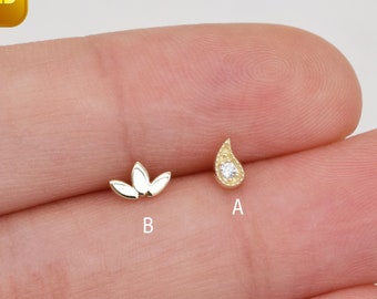 14K Solid Gold Tiny Lotus Stud Earring Raindrop Minimalist Cartilage Stud Helix stud Conch Tragus Earring Flat Back Earring Gift For Her 20g