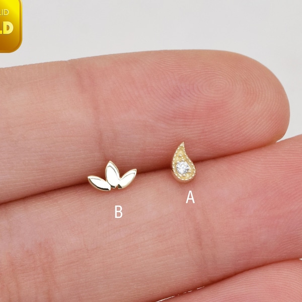 14K Solid Gold Tiny Lotus Stud Earring Raindrop Minimalist Cartilage Stud Helix stud Conch Tragus Earring Flat Back Earring Gift For Her 20g