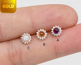 14k Solid Gold Opal Sunflower Stud Earring Citrine Cartilage Stud Amethyst Conch Tragus Earring Dainty Helix Stud Flat Back Earring 20g