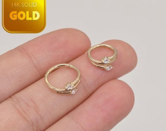 14k Solid Gold Triple Row Cliker Gold Cartilage Ring Daith Tragus Helx Earring Hoop Ring Two Stones Conch Piercing Jewelry 16g
