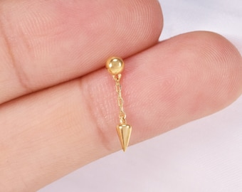 14k Solid Gold Cone Dangle Ball Cartilage Earring Helix Ball Cone Stud Tragus Earring Conch Dangle Stud Earring Flat Push Back Earring