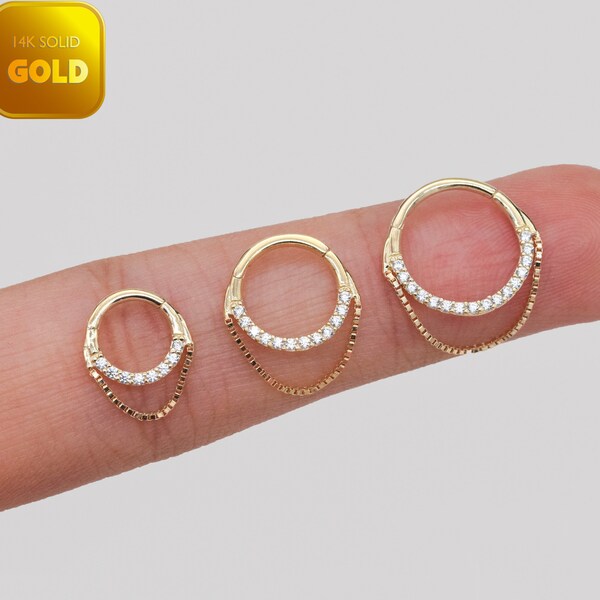 14k Solid Gold Box Chain Cartilage Hoop Earring Single Chain Clikcer Dangle Drop Chain Hoop Ring Helix Clicker Chain Nose Ring Rook Hoop 16g