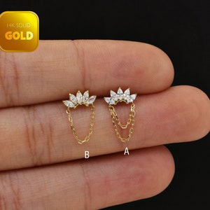 14k Solid Gold Cartilage Chain Stud Earring Marquise Crown Earring Helix Chain Stud Conch Tragus Earring Climber Stud Flat Back Earring 20g