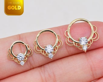 14k Solid Gold Dainty Cartilage Hoop Clicker Flower Lace Shaped Nose Ring CZ Diamond Gold Spetum Hoop Clicker Conch Tragus Helix Hoop 16g