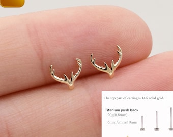 14k Solid Gold Antler Stud Earring Deer Horn Earrings Gold Cartilage Earring Conch Tragus Jewelry Gold Helix Stud Flat Back Earring 20g