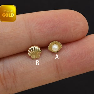 14K Solid Gold Shell Stud Earrings Pearl Cartilage Stud Earring Conch Helix Stud Gold Tragus Earring Flat Back Earring Gift For Her 20g